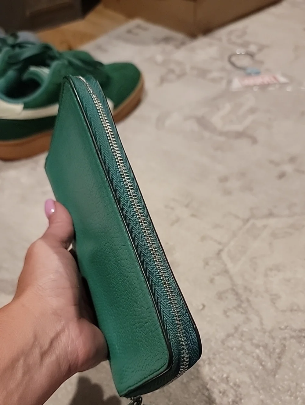 COACH Green Pebble Leather Zip Around Wallet With Wrist Strap